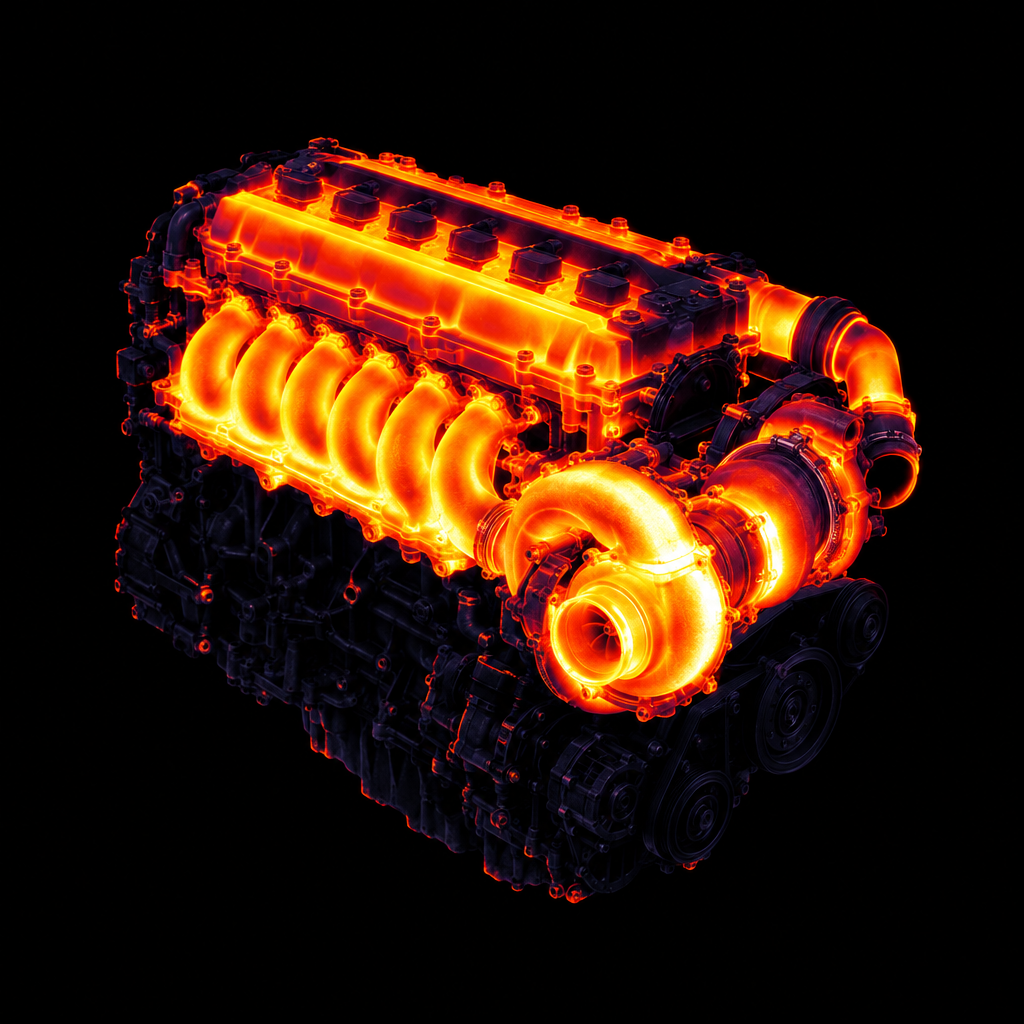 A thermal-imaging view of a turbocharged inline-six engine glowing with heat
